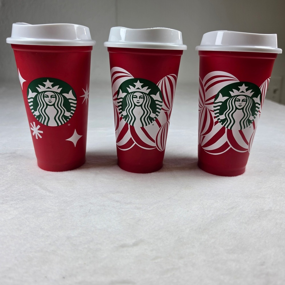 Starbucks 2013 Holiday Reusable Hot Cups Set of 3 Red Peppermint Stars 16oz Lids